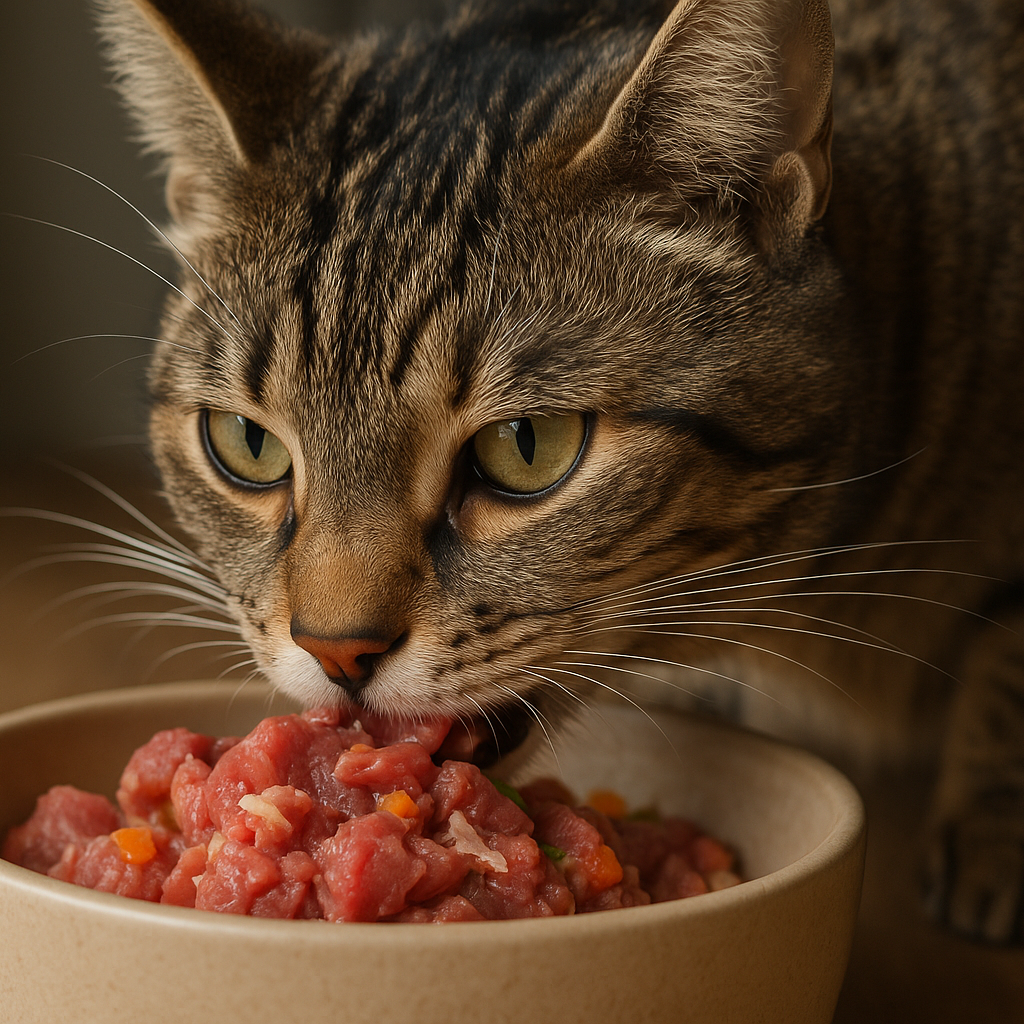 A hyperrealistic cat eating BARF from a bowl