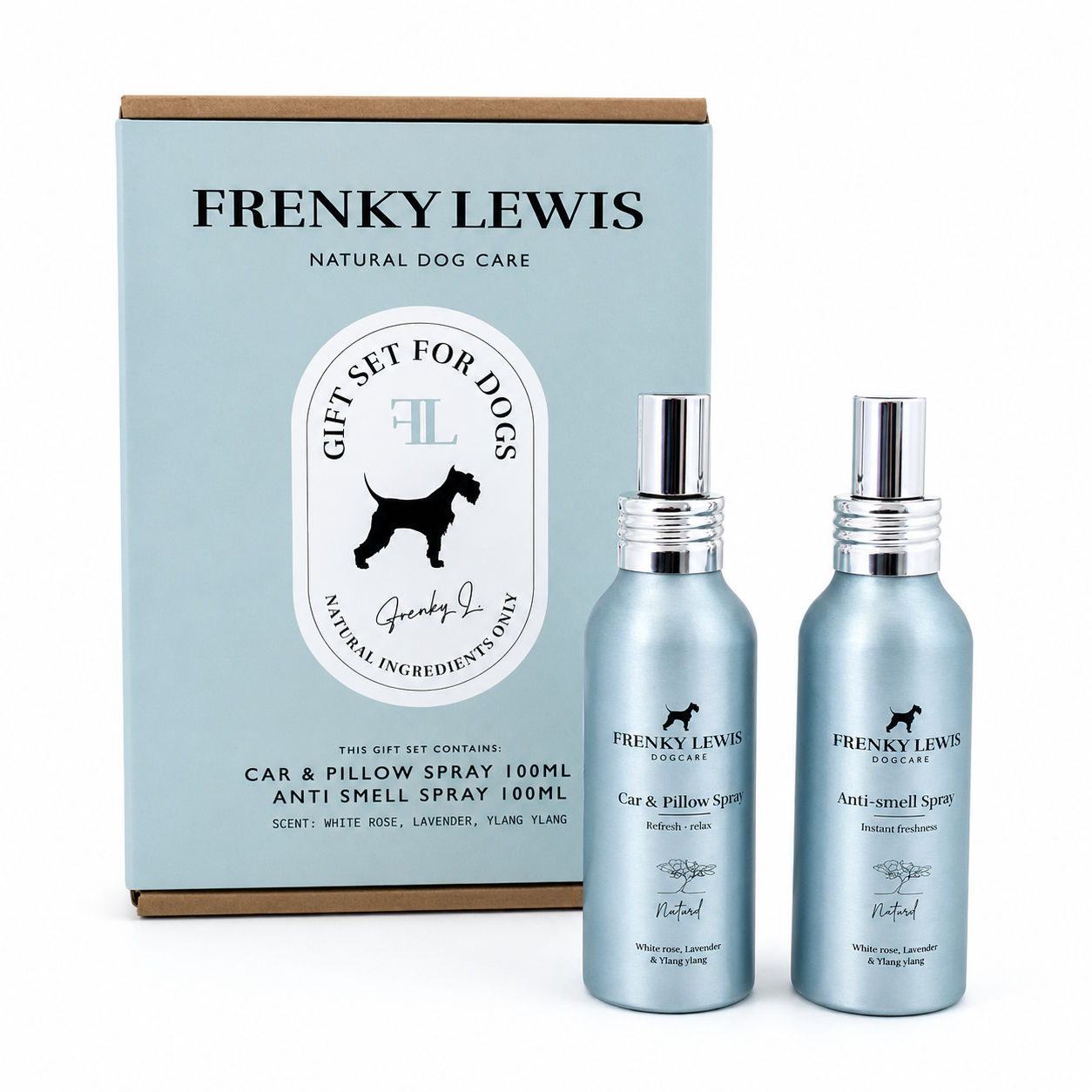 Frenky Lewis - Set Car &amp; Pillow + Anti-Smell Spray – Trandafir Alb, Lavandă și Ylang-Ylang